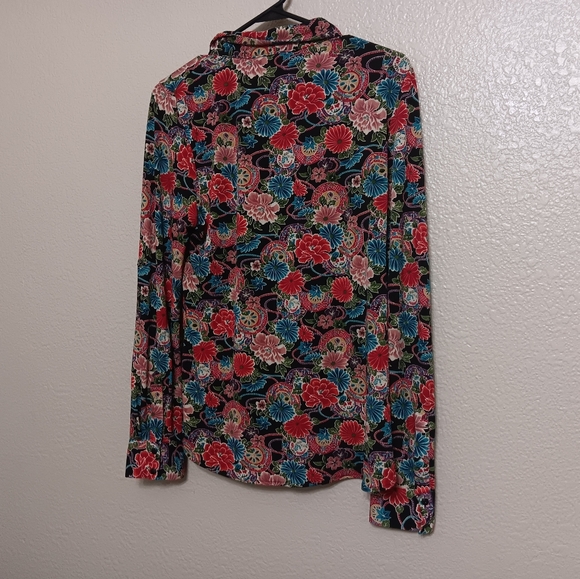BCBGMaxazria Black Red Blue Floral Stretch Knit Button Front Blouse Top - Picture 3 of 4